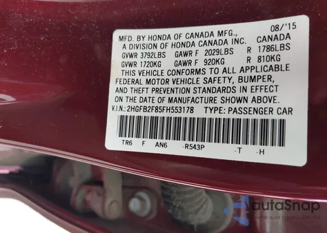 2015 Honda Civic Ex from USA, damaged, VIN 2HGFB2F85FH553178